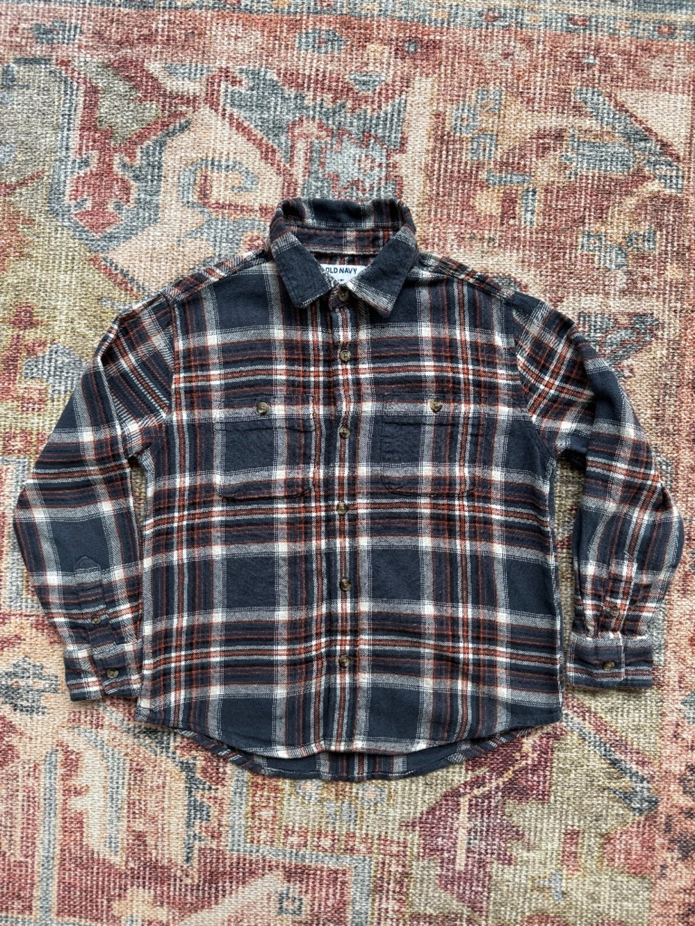 Old Navy Boys Flannel Shirt Plaid Navy Orange Cream Button Down Long Sleeve M 8